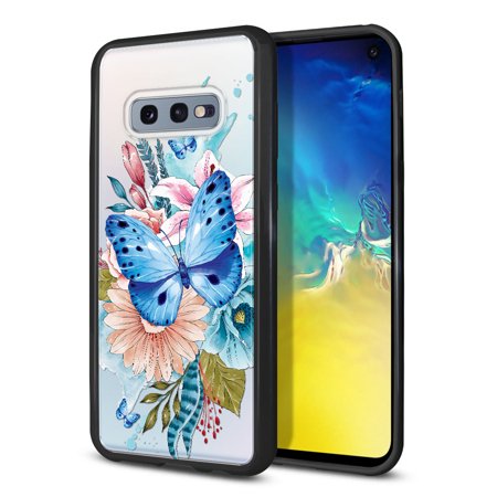 FINCIBO Slim TPU Bumper + Clear Hard Back Cover for Samsung Galaxy S10E, Watercolor Blue Butterfly