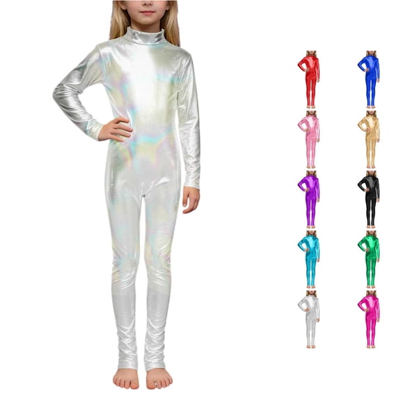 ZXLBBD Girls Metallic High Neck Long Sleeve Performance Romper with Glitter Gold and Back Zipper for Dance Stage Show Casual Outdoor,Multicolour,Size 7 Y-9 Y