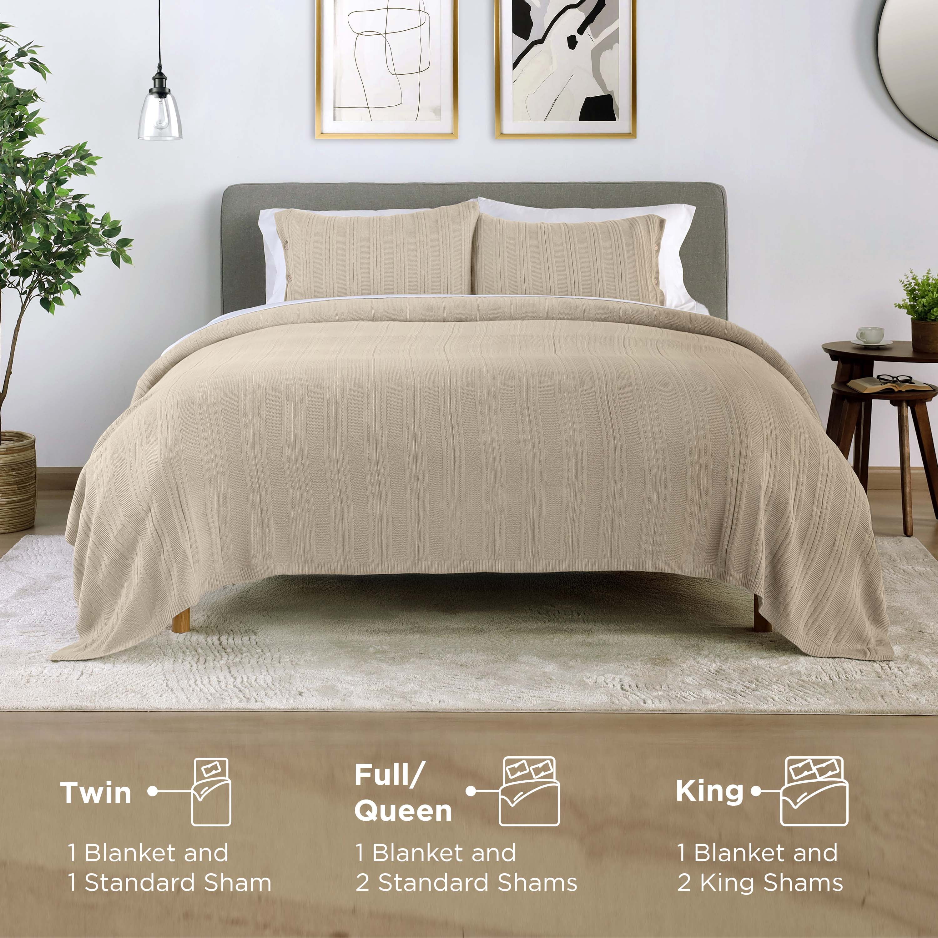 Vellux Malmo Striped Knit Blanket Set, King, Cream