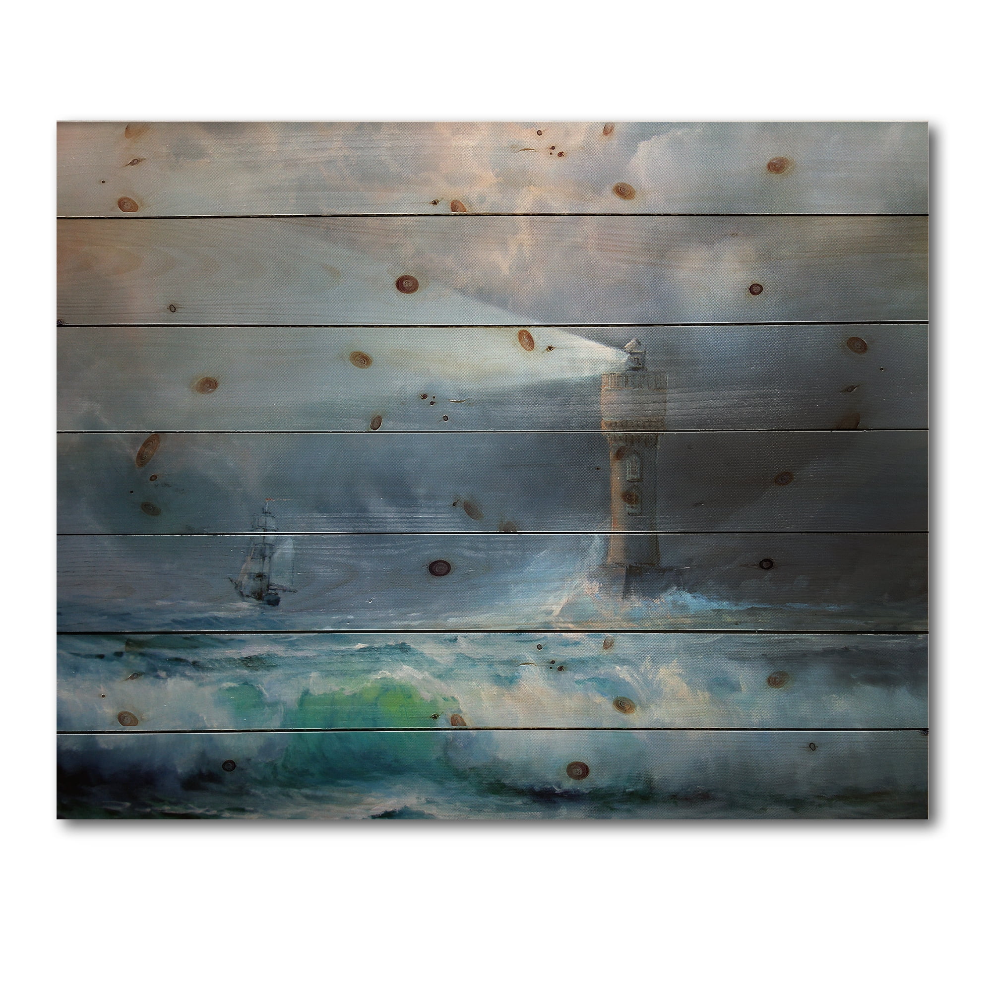 Designart 'Lighthouse Shining Light During Stormy Clouds Night II' Nautical & Coastal Print on Natural Pine Wood