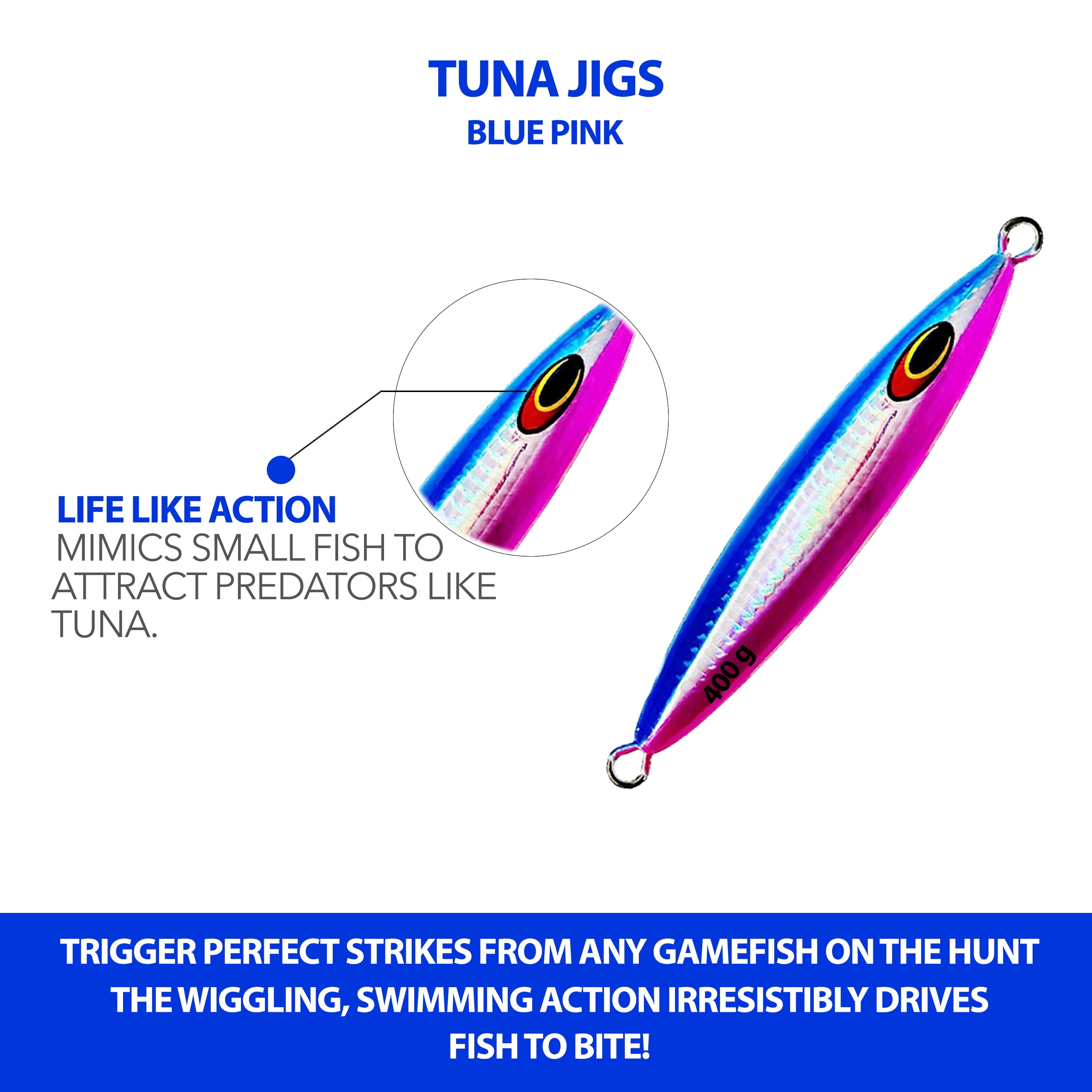 6" Tuna Jig 400g,3 Pcs Blue Pink Zebra Glow Saltwater Fishing Lures, Fishing Gear & Tackle, Tuna Fishing Jig