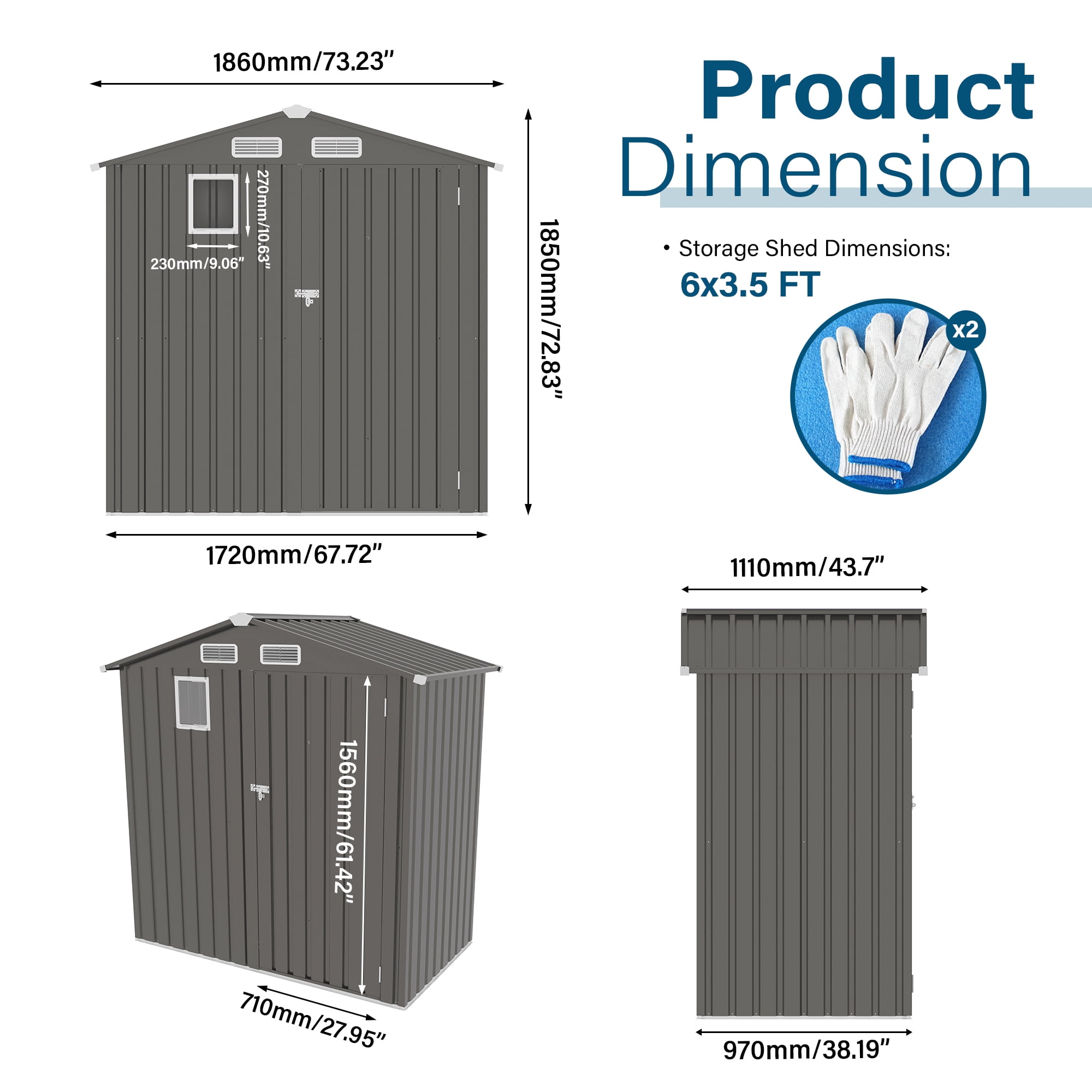 Aukfa 6x3.6 FT Outdoor Storage Shed with Lockable Door & Peaked Roof, Waterproof Garden Shed, Compact Metal Shed for Backyard, Patio, Bike & Tool Storage, Gray