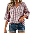 thumbnail image 2 of VBVC Women's Gingham V Neck Blouse, Ladies' 3/4 Sleeve Summer Tunic Top, Casual Loose Fit Checkered Shirt For Women, Hot Pink , S-3XL, 2 of 7