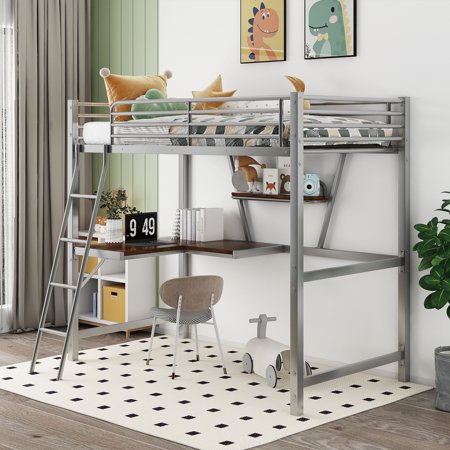 Twin Size Loft Metal&MDF Bed with Desk and Shelf, Silver
