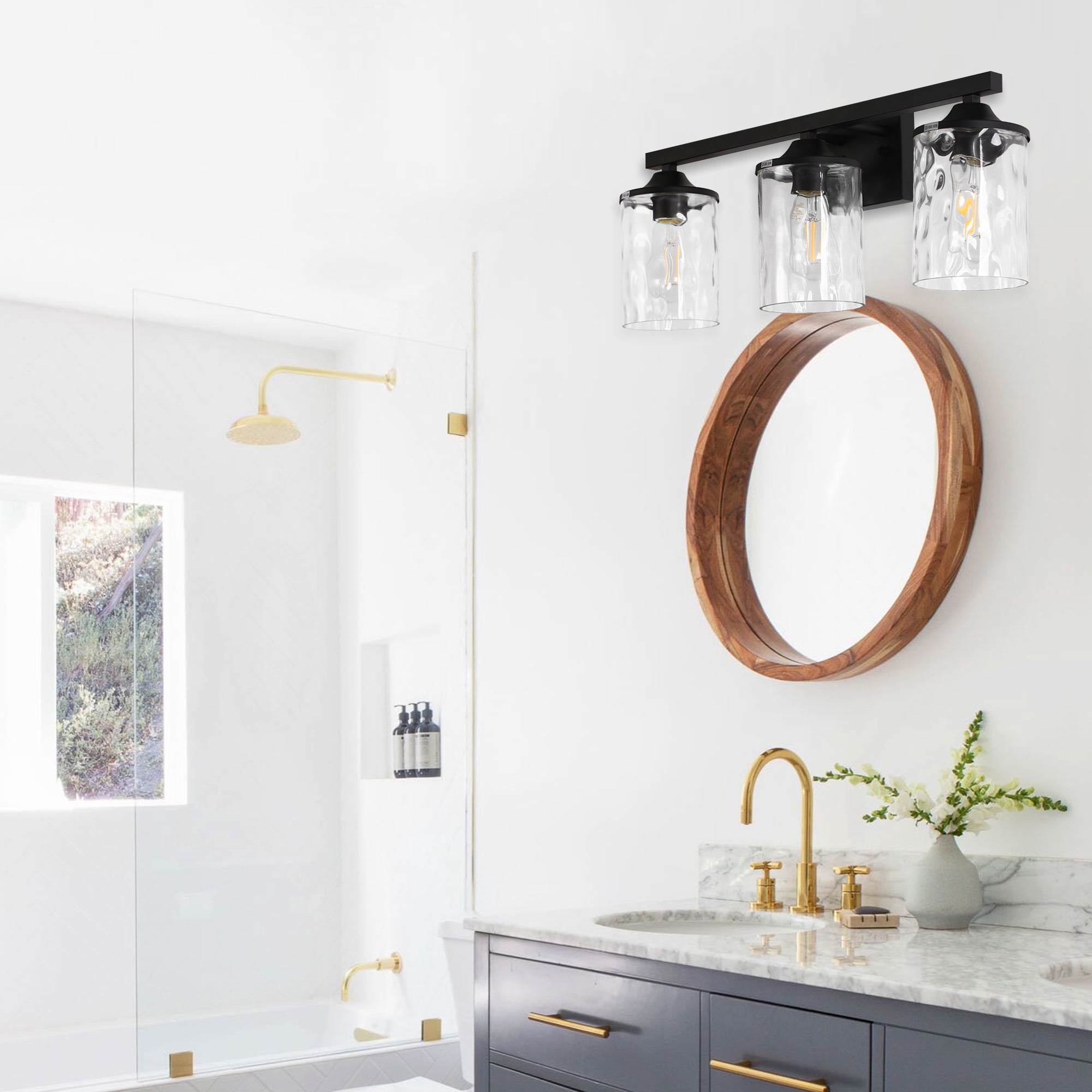YANSUN 23.2 in 3-Light Vanity Mirror Light Bar, Black Light Fixture with Clear Stone Glass for Bathroom, Makeup Vanity, Dressing Room