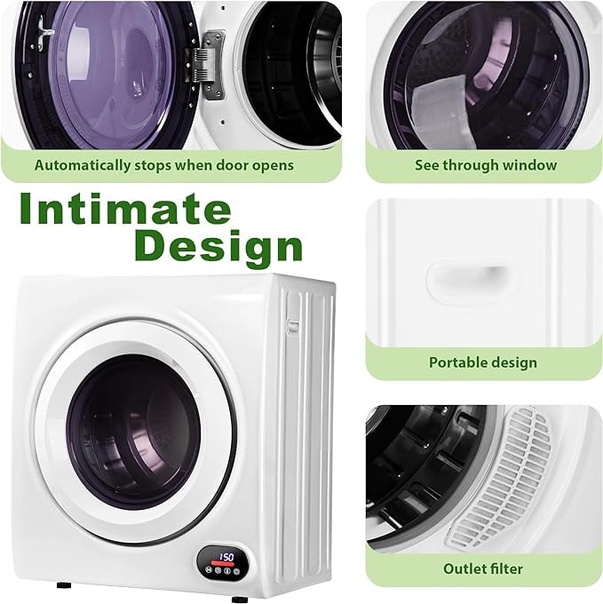 Euhomy Compact Laundry Dryer, 2.64 cu ft Front Load Stainless Steel Clothes Dryers With Exhaust Pipe, 1400W, LCD Control Panel Four-Function Portable Dryer For Apartments, Home, Dorm, White
