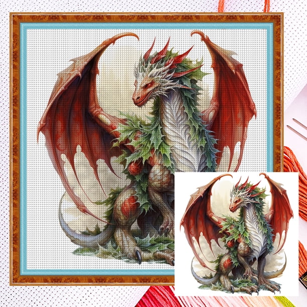 (11CTACC-2810__B__ 40x40) Hilo algodón ecológico bordado 11CT 3 hebras tela blanca 40*40cm Kit serie punto cruz pterosaurio navideño