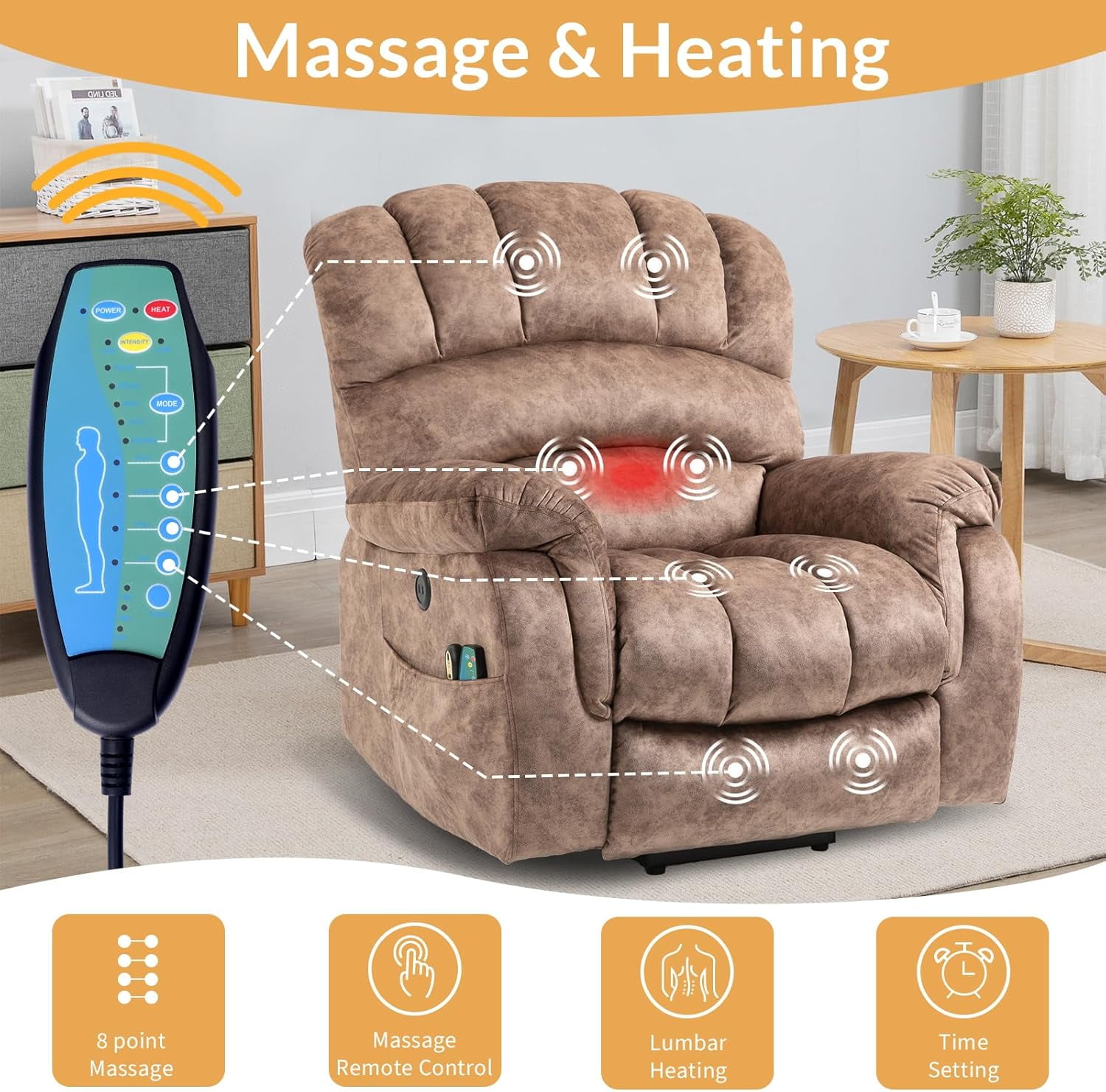 Large Electric Power Lift Chairs Recliners for Elderly Big Man with Massage and Heat, Oversized Wide Reclining Chairs for Living Room with Extended Footrest(Plush-Brown)