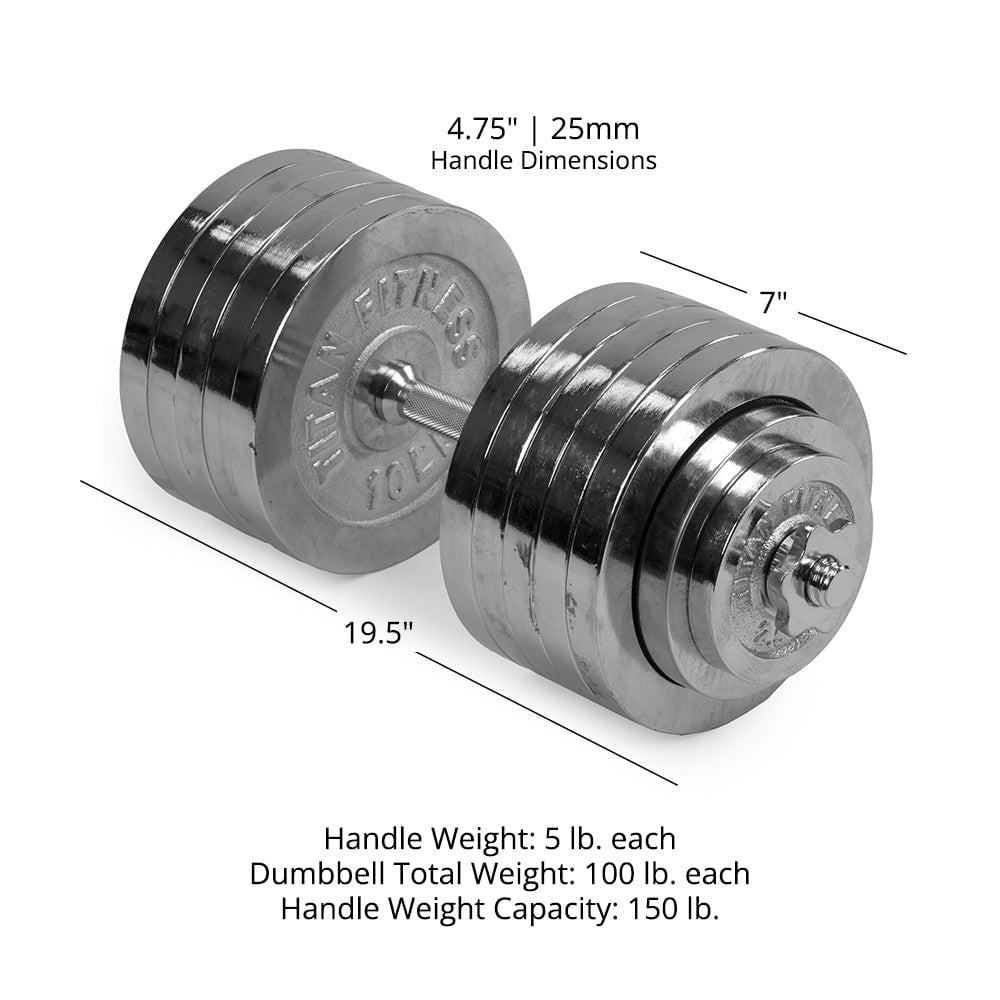 Titan Fitness 200 LB Adjustable Chrome Dumbbell Set, Pair of 100 LB Dumbbells, Medium Knurl Grip Handles
