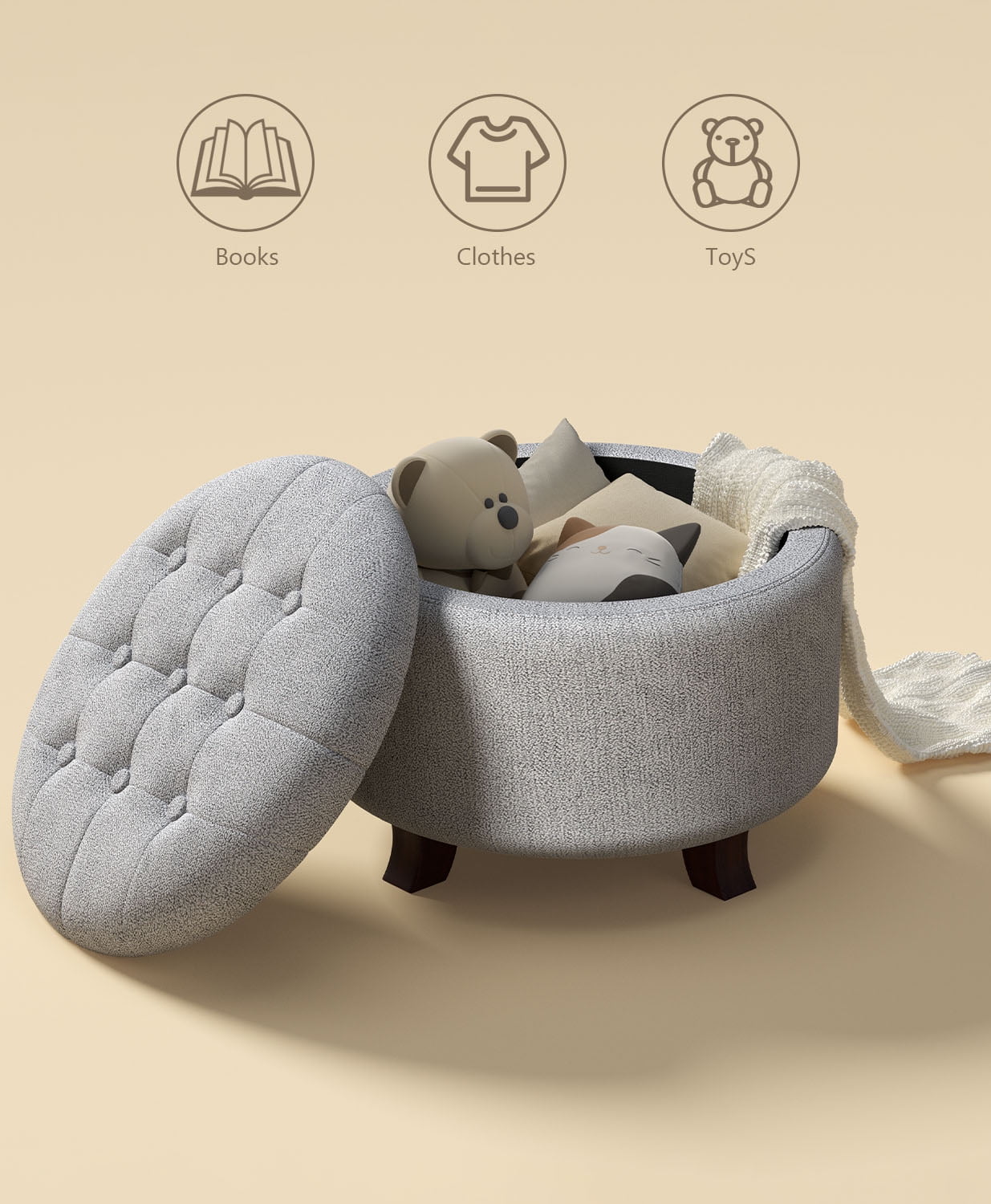 OSM Ottoman,Round Foot Rest Stool, Upholstered Large Ottoman Chair with Storage for Living Room & Bedroom, Decorative Home Furniture, Gray