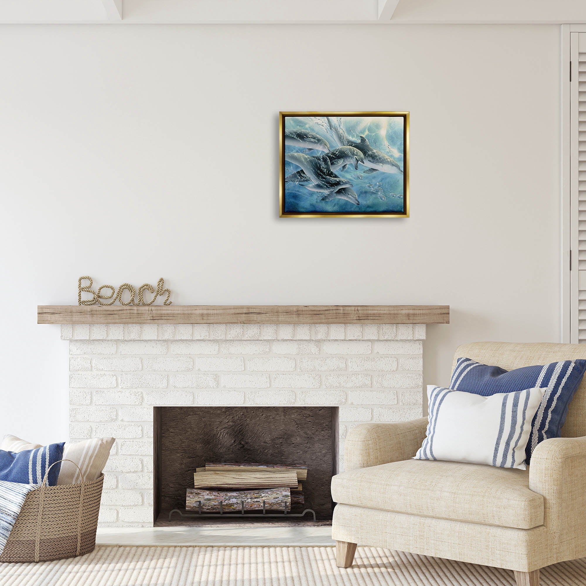 Stupell Industries Playful Passage Dolphins Swimming Coastal Painting Gold Floater Framed Art Print Wall Art