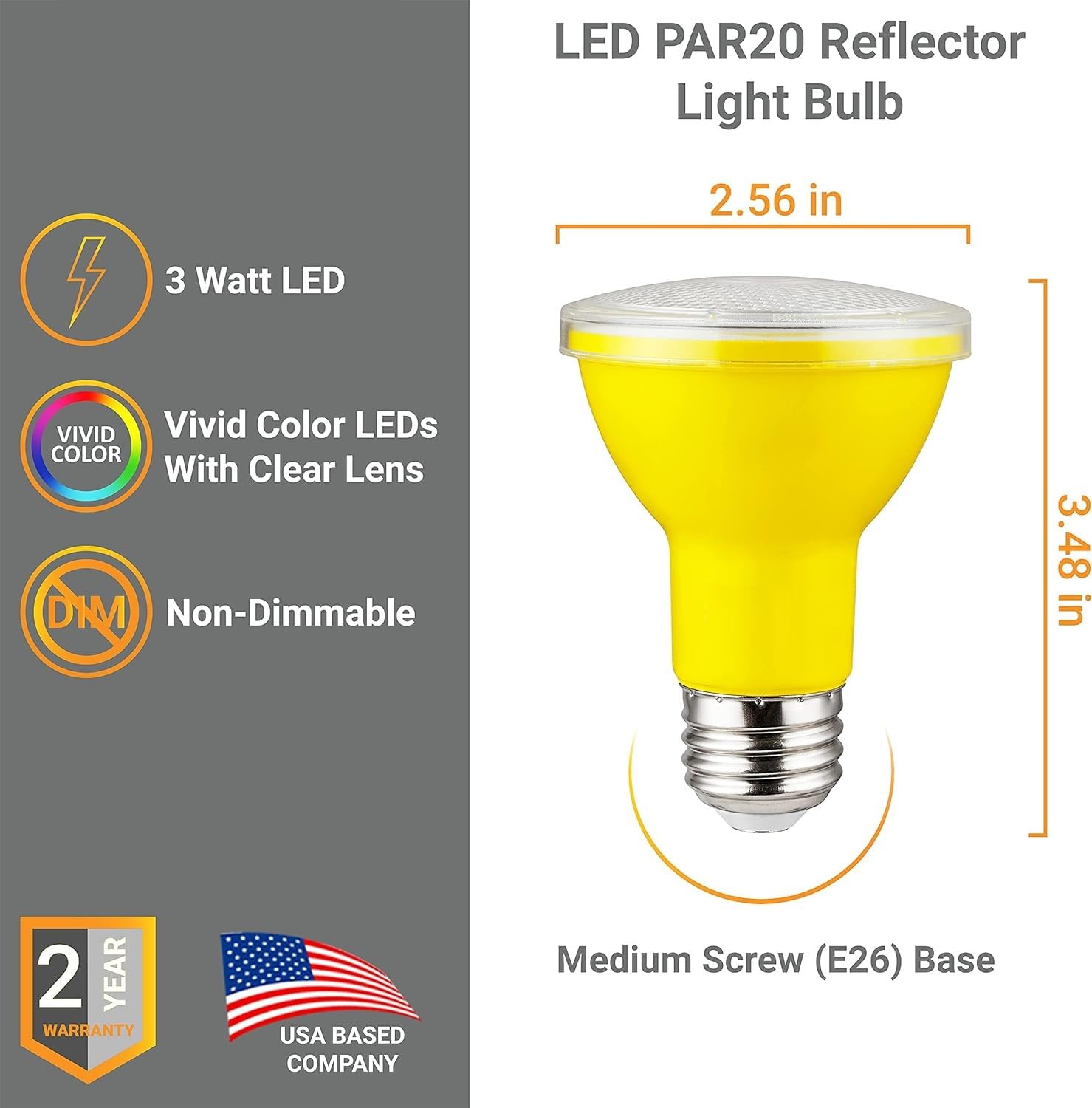 Diodesy- Pack of 4 PAR20/LED/3W/Y PAR20 Yellow LED Floodlight Bulbs, Non-Dimmable Recessed Spot Light, 3 Watt (50W Equivalent), E26 Base for Indoor Outdoor Use, Bug Light, Holidays, ETL Listed