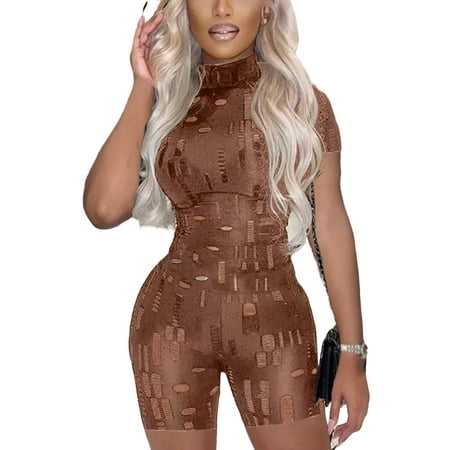 

Suanret Jumpsuit for Women Summer Short Sleeve Bodycon Romper Overalls Casual Hollowed Out Bodysuit Clubwear Brown S