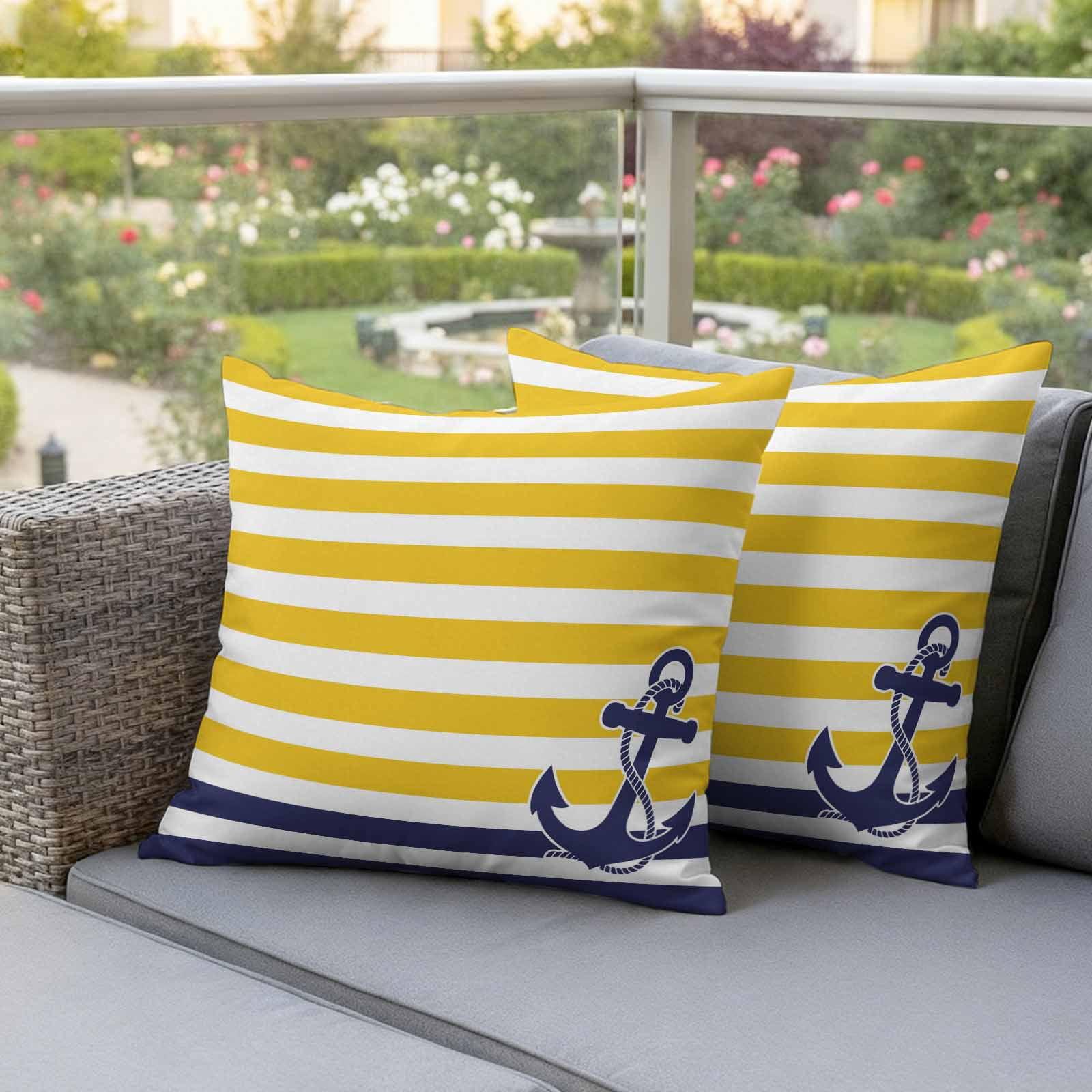 Pack of 2 Outdoor Pillow Covers 26x26 Inch Waterproof Yellow Striped Throw Pillow Covers,Decorative Couch Pillow Case Sham Navy Blue Nautical Anchor Geometric Patio Garden Pillowcases Cushion Covers
