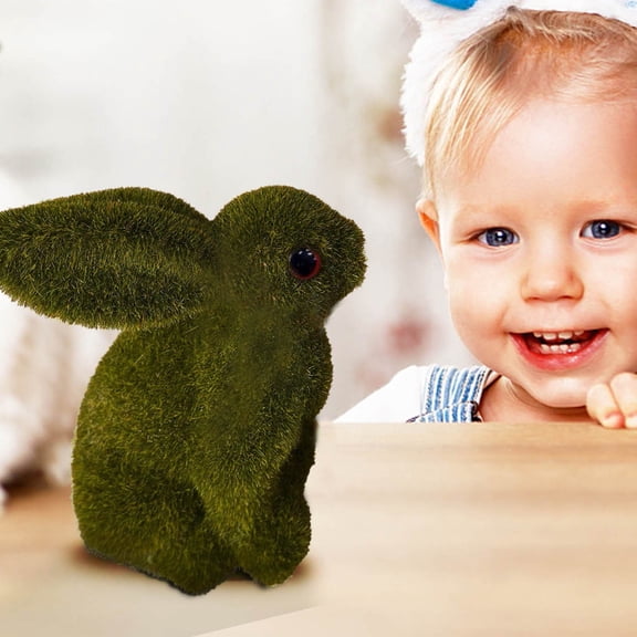 Easter Bunny Decor,5.9inch Green Flocked Easter Bunny Figurine,Furry Moss Artificial Rabbit Statue for Spring Holiday Indoor Table Home Kitchen Shelf Garden Decor