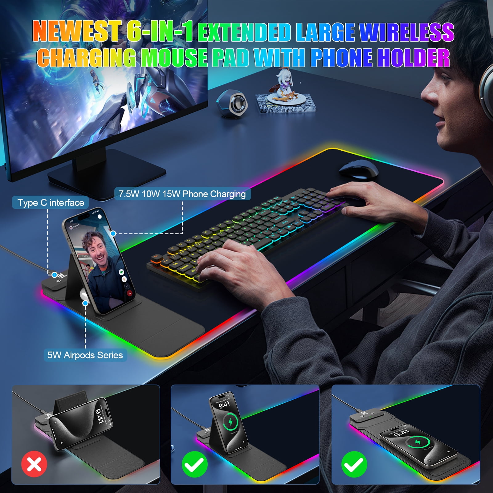 Miroddi RGB Gaming Mouse Pad with Wireless Charger, LED Mouse Mat with Phone Holder, Ultra-Smooth Surface, Non-Slip Rubber Base, Waterproof Keyboard Pad