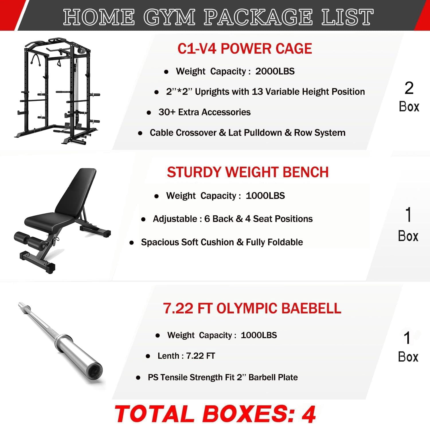 Power Cage, 2000LBS Squat Rack with LAT Pulldown, Multi-Function Weight Cage Strength Training Machine, Workout Cage with More Attachments for Home Gym Garage