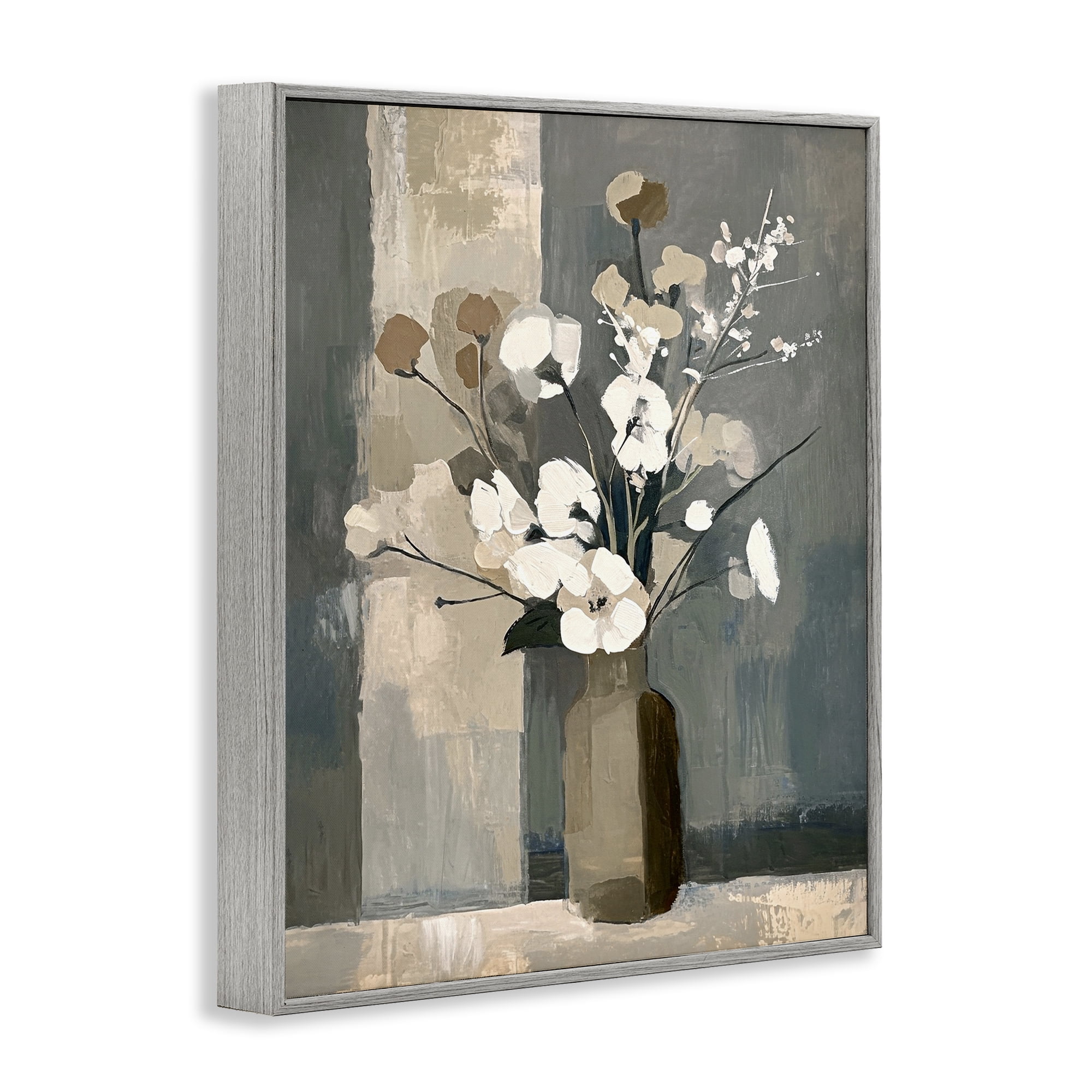 Stupell Industries Neutral Floral Vase Botanical & Floral Painting Gray Framed Art Print Wall Art, 16 x 20