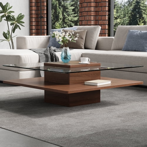 31.5" Square Coffee Table with Clear Tempered Glass Top and Storage Shelf, Walnut