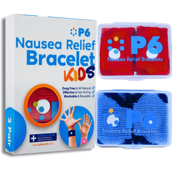P6 Health Original Natural Anti-Nausea Relief Motion Car Sea Sickness Relief Children's Wrist Bands for Kids (2 Pack, Red - Blue)