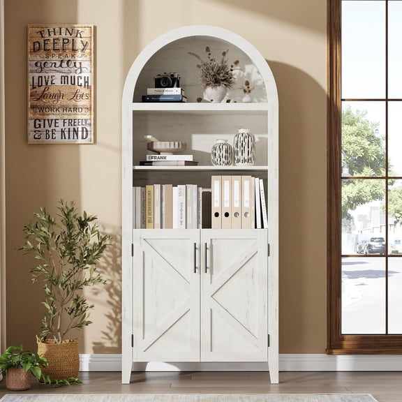 Memoryfield 5-Tier Arched Bookcase with Doors, Modern Bookshelf Storage Cabinet, Open Display Shelf, for Home Office Living Room, White