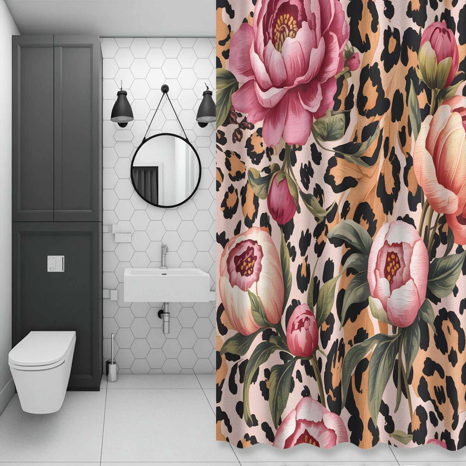 Pink Flowers Shower Curtain for Bathroom, Retro Leopard Stripes Animals Floral Plant Waterproof Cloth Fabric Bathroom Accessories Set with 12 Rust Proof Plastic Hooks, 72"x84"
