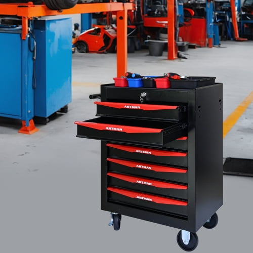 POVANLI 7 Drawer Portable Tool Box With Wheels,20" Tool Chest With Key Locking Tool Boxes/Organizers Black&Red
