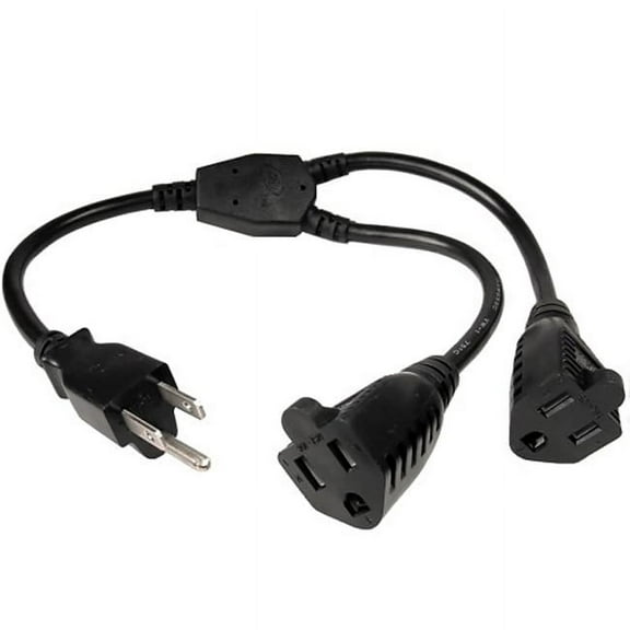 Power Y Cord, Black, NEMA 5-15P to Dual NEMA 5-15R, 10 Amp, 1 foot