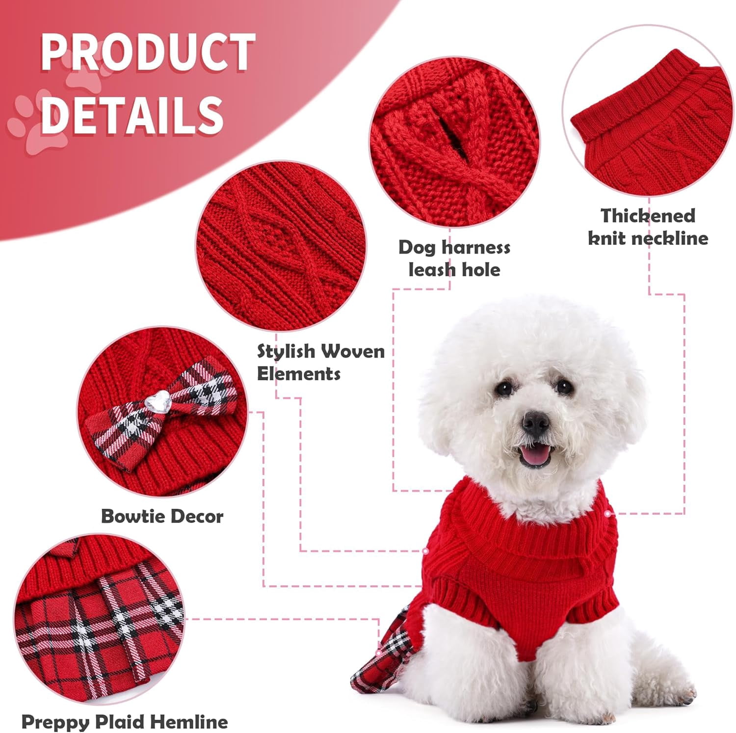 Girl Dog Sweater Dress with Bowtie Turtleneck Small Dogs Sweater with Leash Hole, Knitted Small Dog Sweaters Dress Puppy Winter Clothes for Yorkies Chihuahua (Large, Red)