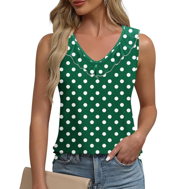 Karight Tank Tops for Women Polka Dot Ruffle Shirts Sleeveless Round Neck Tank Top Casual Summer Blouses Vest