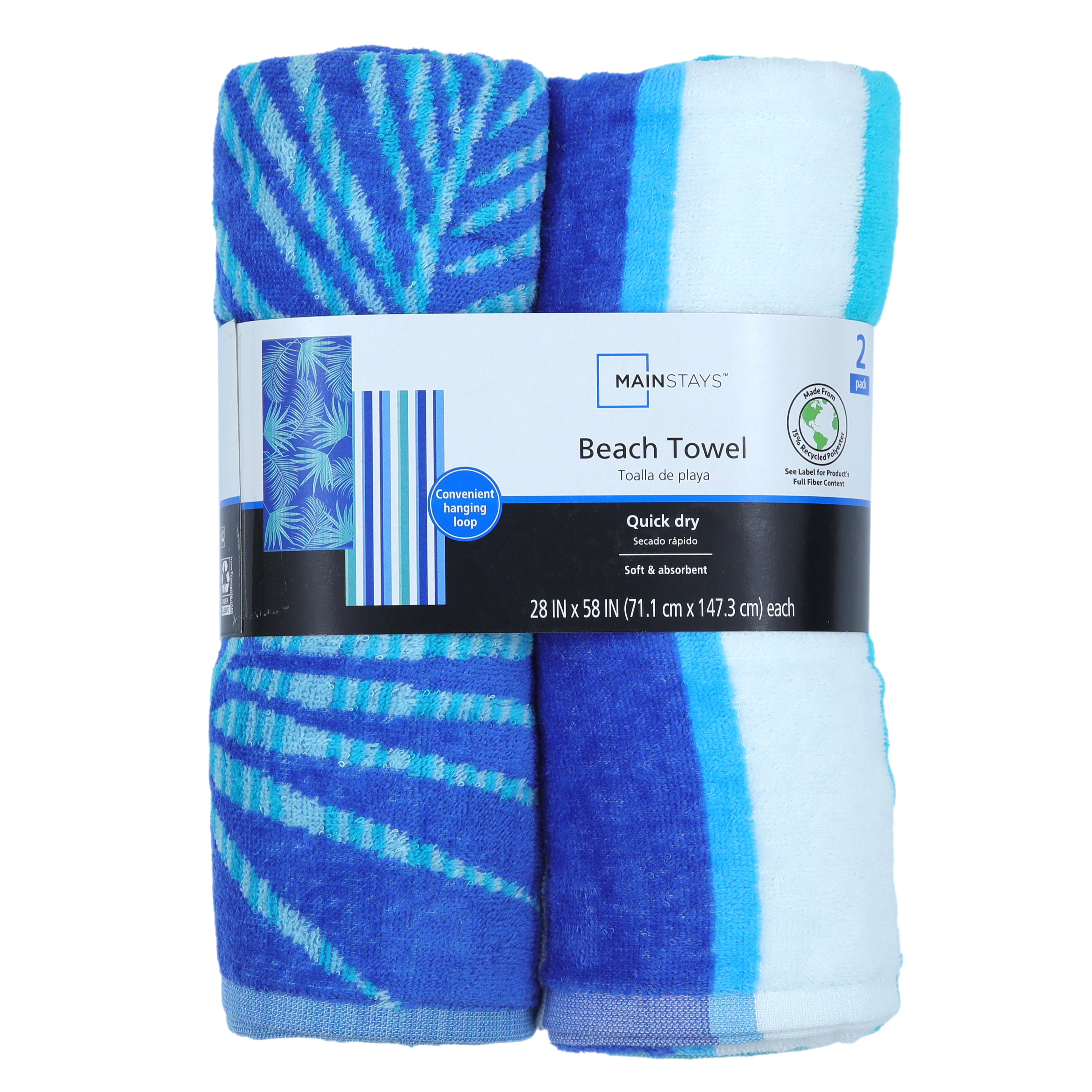 Mainstays Cotton Blend 2 Pack Blue Fronds and Stripes Beach Towels, 28" X 58"