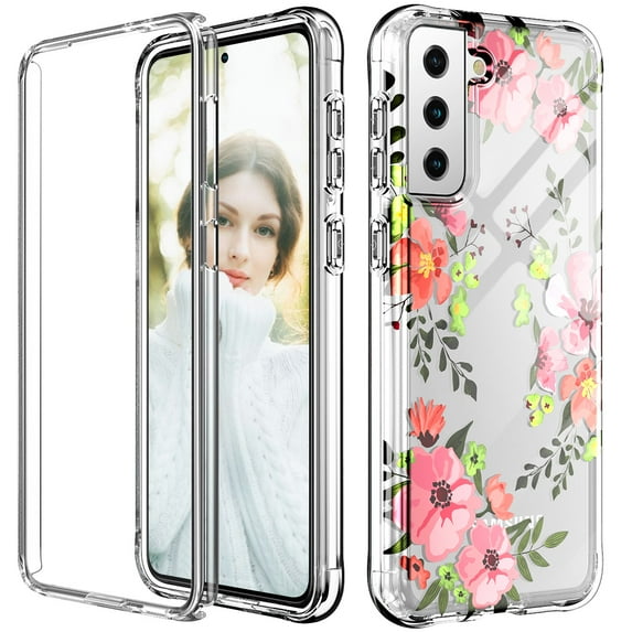 Case for Galaxy S21, 360 Full Body Coverage Hard PC+Soft Silicone TPU 3in1 Shockproof Phone Protective Cover For Samsung Galaxy S21,Pink Flower