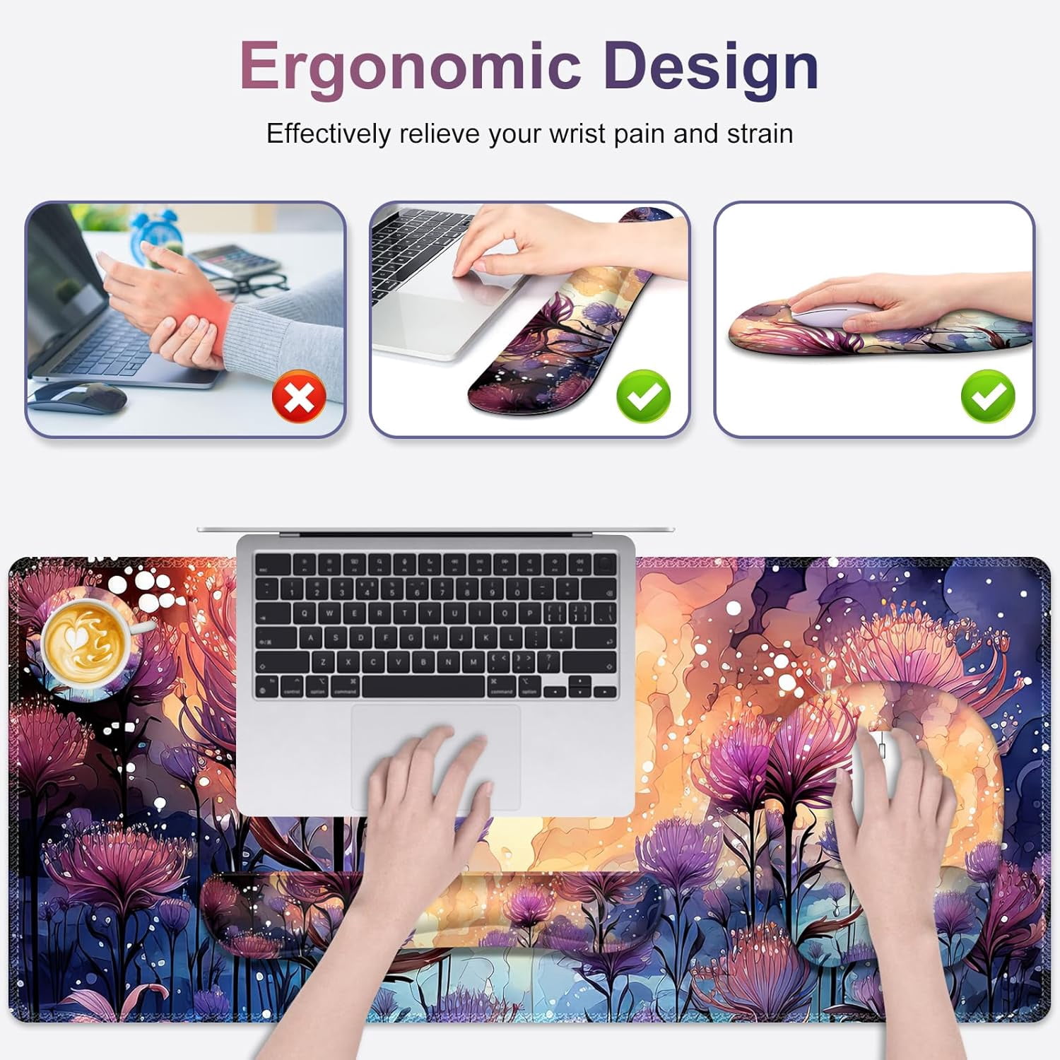 4 in 1 Large Mouse Pad, Keyboard Wrist Rest Set, Ergonomic Mouse Pad with Wrist Support, Desk Mat with Stitched Edges, Extended Desk Pad Waterproof Desk Mat for Home Office I Blossom Purple Flower
