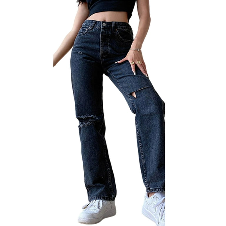 Wrcnote Women Denim Pants High Waist Bottoms Wide Leg Jeans Holiday  Breathable Trousers Ripped Black M