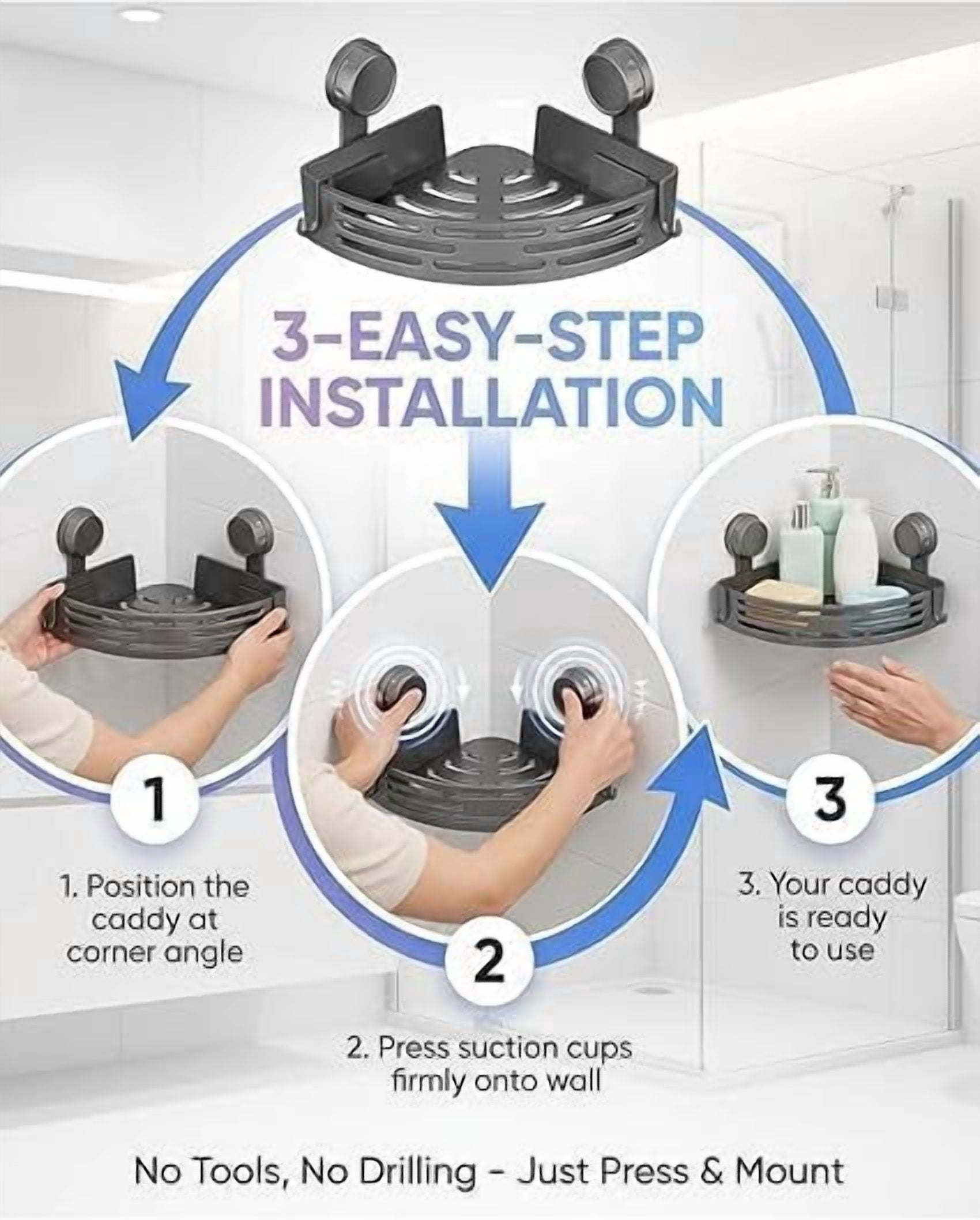 2026 New Suction Cup Corner Shower Shelf, No-Drill Bathroom Corner Shelf Strong, Waterproof Suction Cup, Bathroom Organizers and Storage Countertop for Bathroom Kitchen (Black+Grey)