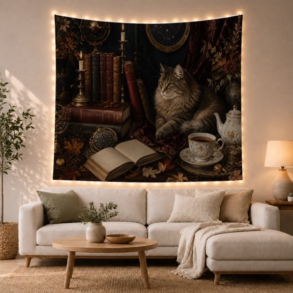 Tabby Cat on Velvet with Antique Books and Autumn Leaves, Moody Dark Academia for Book Lovers, Scholarly Still Life Art, Autumn Gift, Tapestry Wall Hanging for Home Library and Study Room
