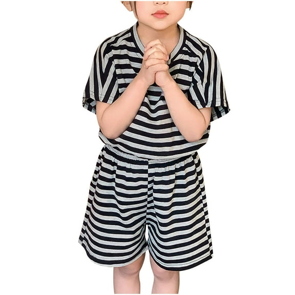 Loopsun Toddler Summer Sets, Two Piece Sets for Boys Girls, Toddler Kids Boys Girls Fashion Stripe Printed Soft Short Sleeve Top and Shorts Suit Set Black 2-3 Years