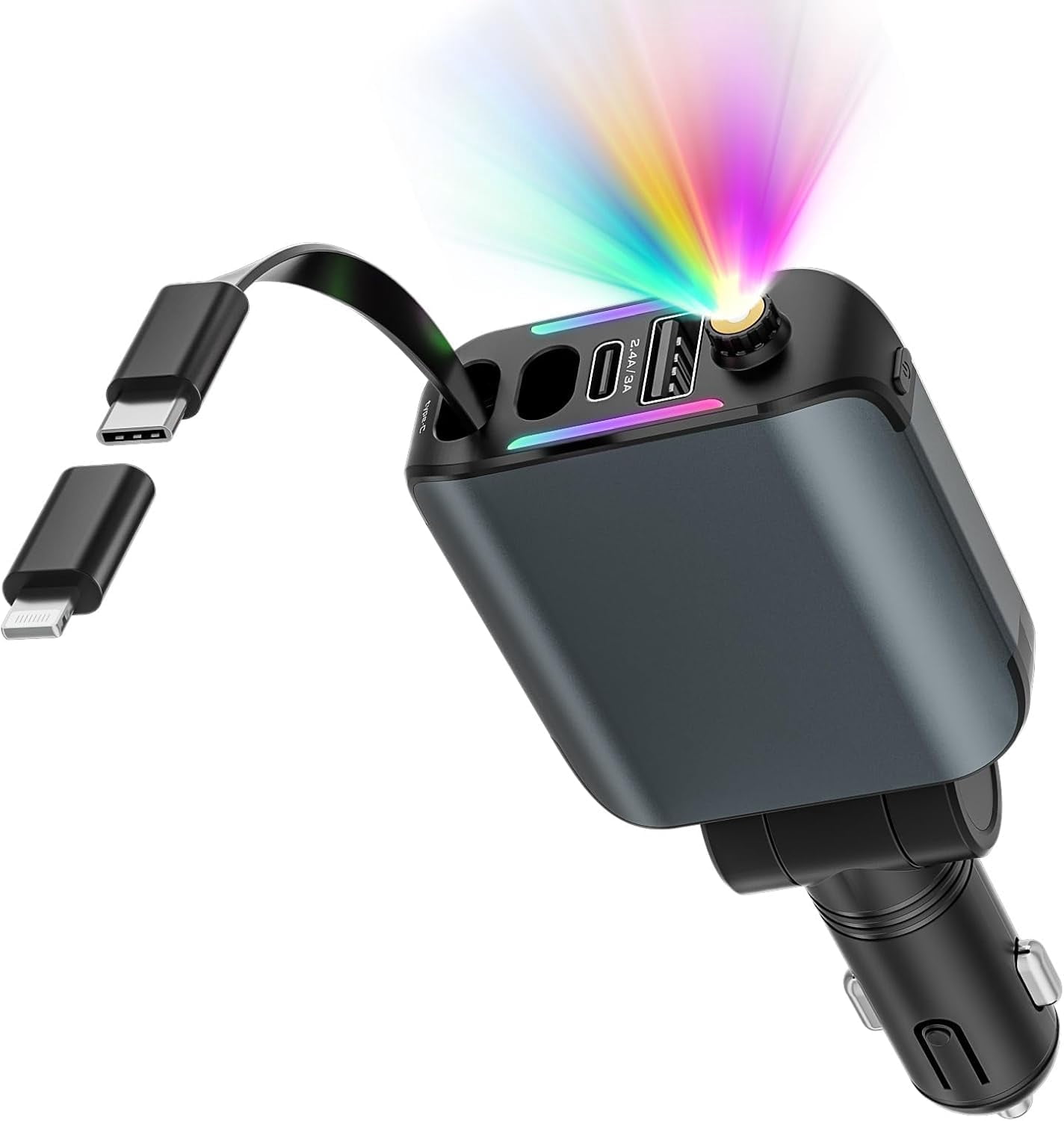 RGHJAR-Retractable Car Charger with Starlight, 4 in 1 [120W] USB C for iPhone and Android Car Charger Fast Charging, Compatible with iPhone 16/15/14/13/12/11, Valentines Gifts for Women Men (Dark Gre