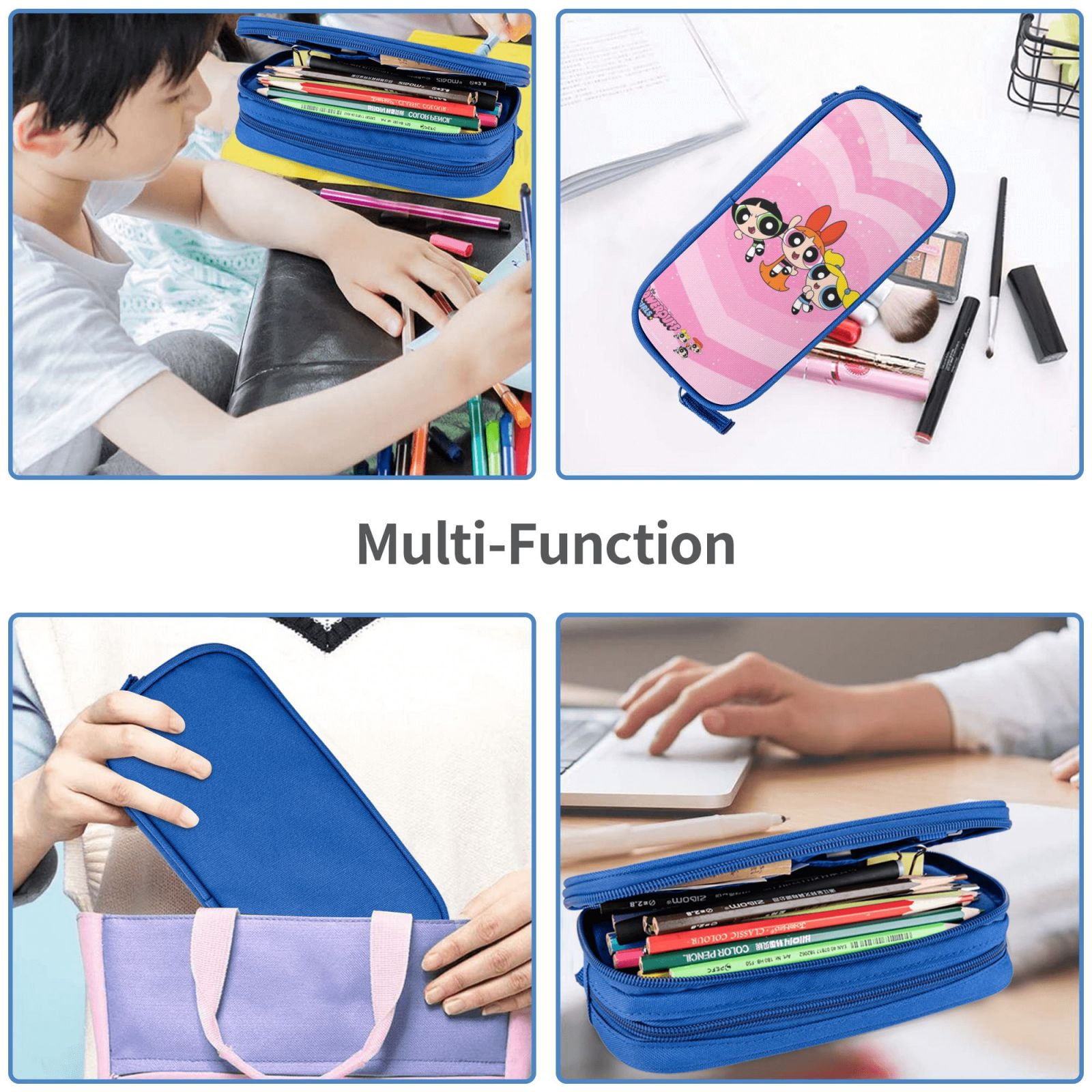 The Powerpuff Gi-rls Pencil Case Large Capacity Pencil Pouch Penbag Office Stationery Organizer Travel Makeup Bag Blue