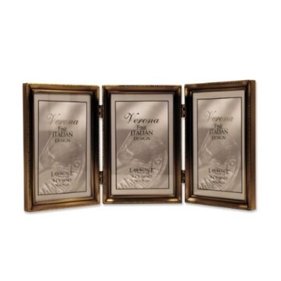 Antique Brass 4x6 Hinged Triple Picture Frame - Bead Border Design
