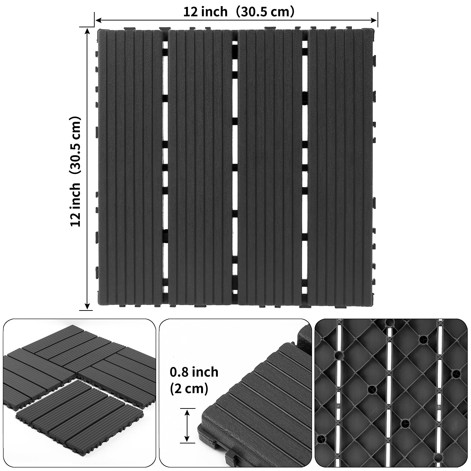 44 Pack 12"×12" Interlocking Deck Tiles, Dark Gray PP Plastic Waterproof Floor Tiles, All-Weather Patio Pool Balcony Decking Tiles for Indoor Outdoor