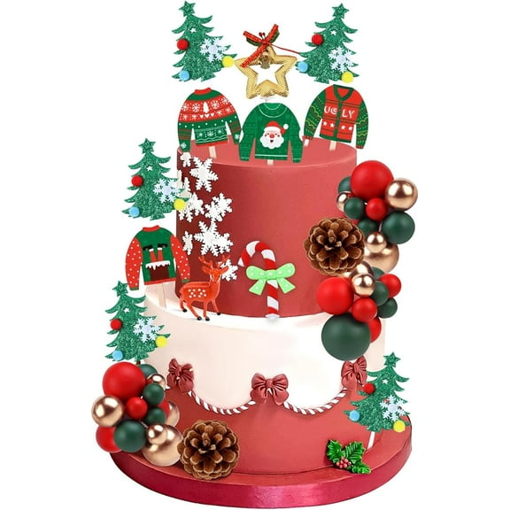 Christmas Ugly Sweater Theme Cake Decorations Set, Cake Balls Decor Star Pine Cone Crutch Sika Deer Cake Figurines Toppers for Xmas Winter Holiday Party Supplies