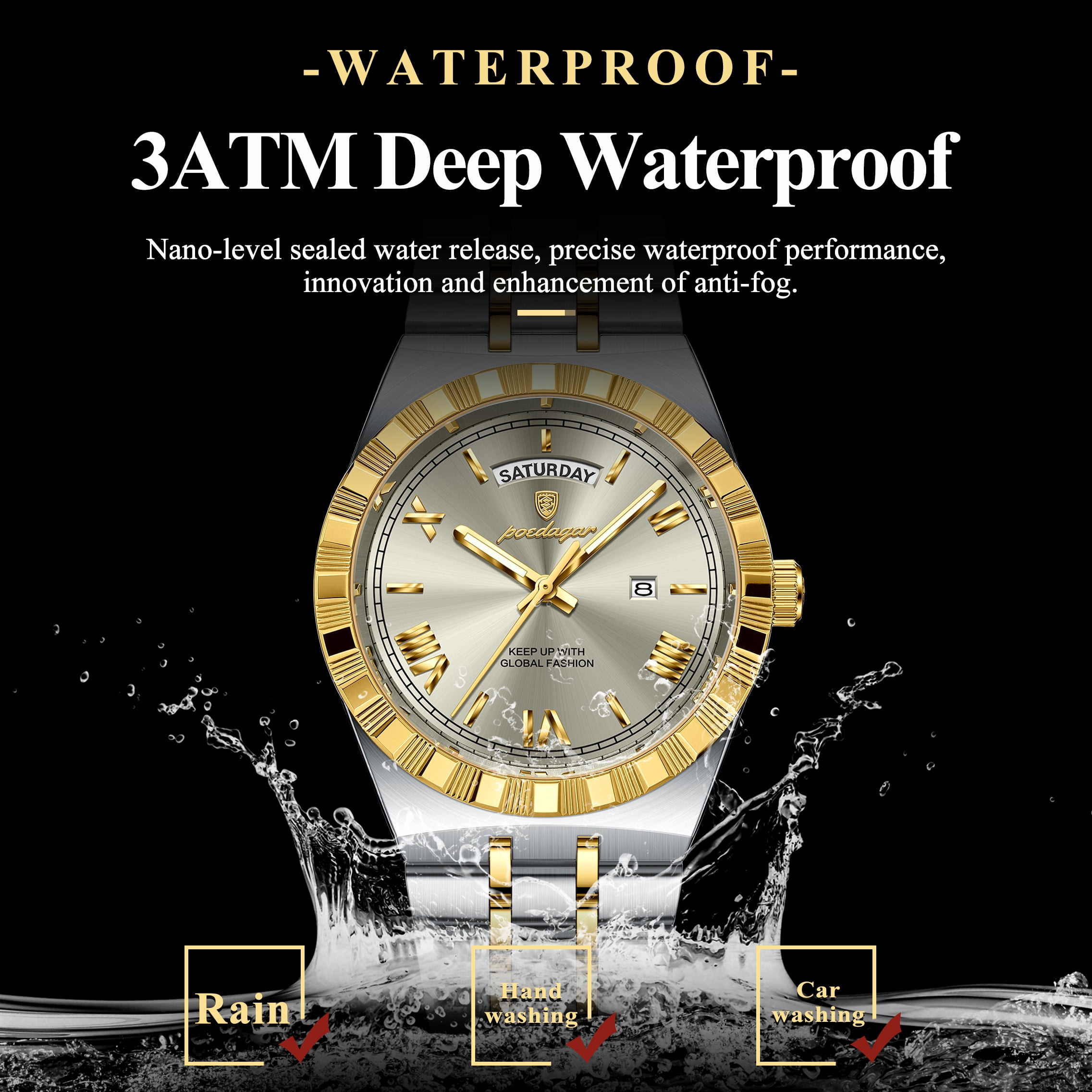 POEDAGAR Luxury Men's Waterproof Luminous Wrist Watch with Date Week Display Stainless Steel Strap