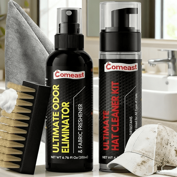 Hat Cleaner Kit,Ready-to-Use Foam,Quick Drying for Cleaning Baseball Caps of All Materials Cotton,Wool,Leather,Felt and More Cleans 50  Hats (Cleaner 6.76oz Deodorizer 6.76oz,Towel,Brush)
