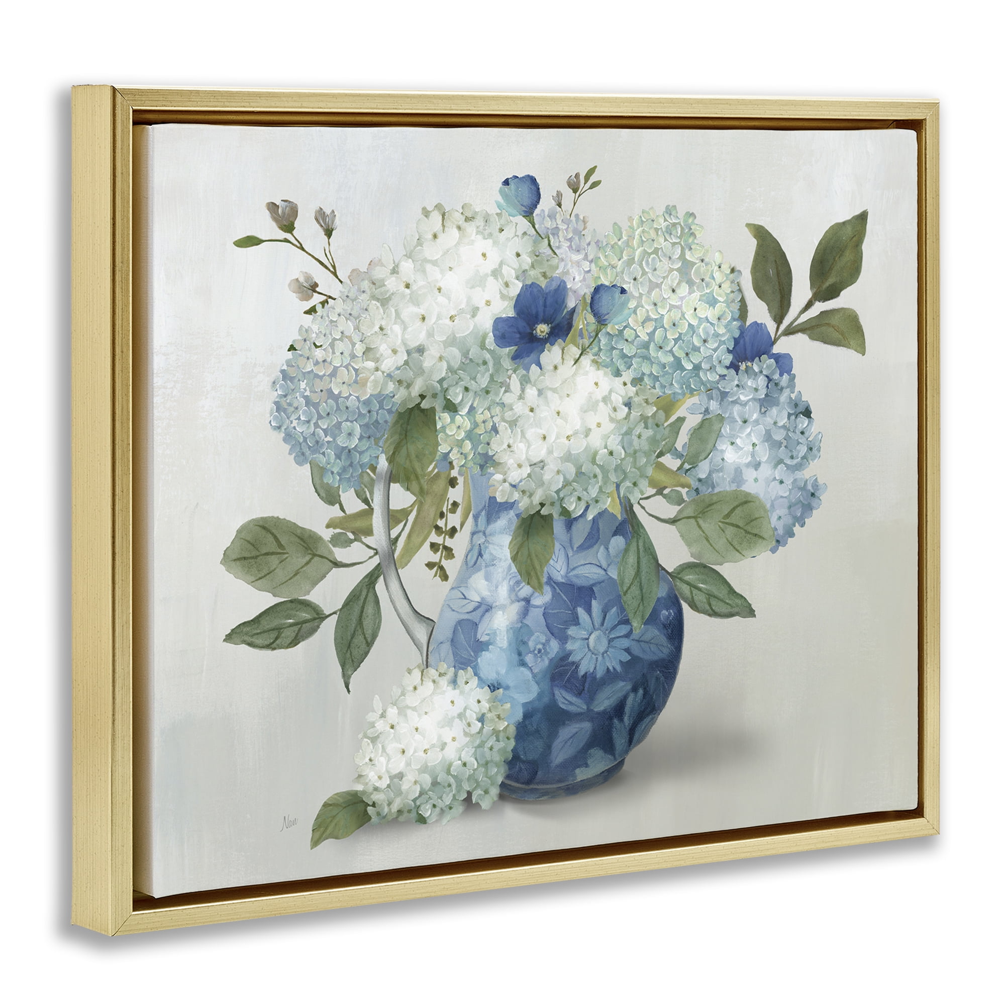 Stupell Industries Ornate Vase with Hydrangeas Gold Framed Floater Canvas Wall Art, design by Nan