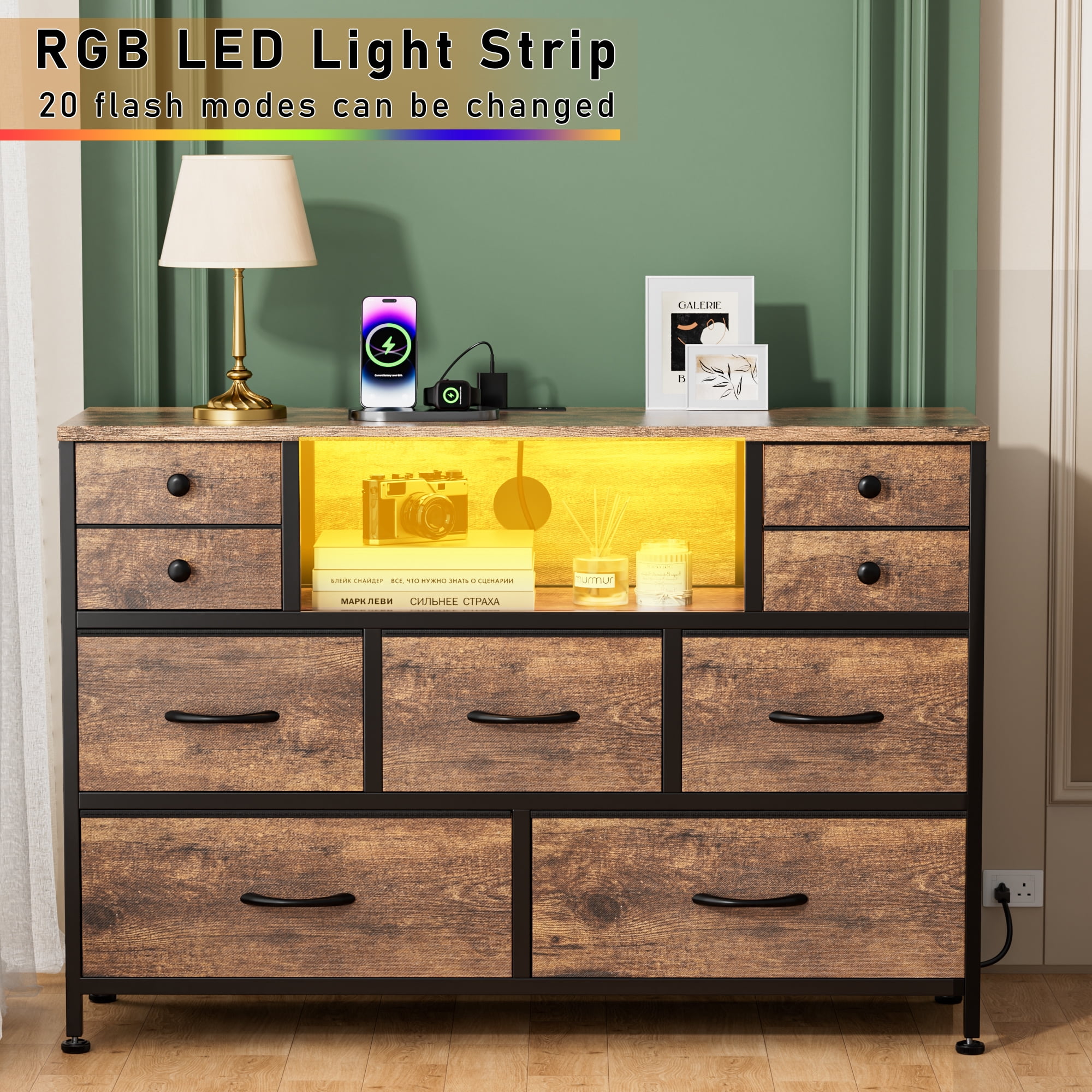 GIKPAL 9 Drawer Dresser, Dressers for Bedroom TV Stand with Power Outlets LED Lights, Fabric Dresser Chest of Drawers for up to 50" TV, Brown