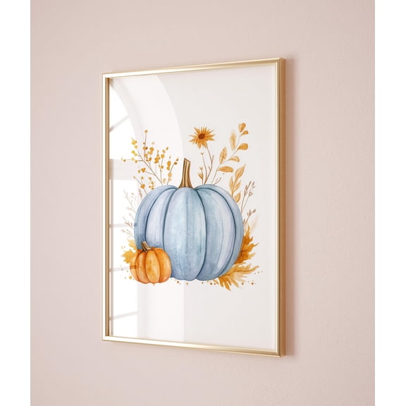YaHaku Blue Fall Decor, Blue Pumpkins Watercolor Halloween Poster Wall Art Classy Autumn Print Cute Thanksgiving Poster, Fall Flowers