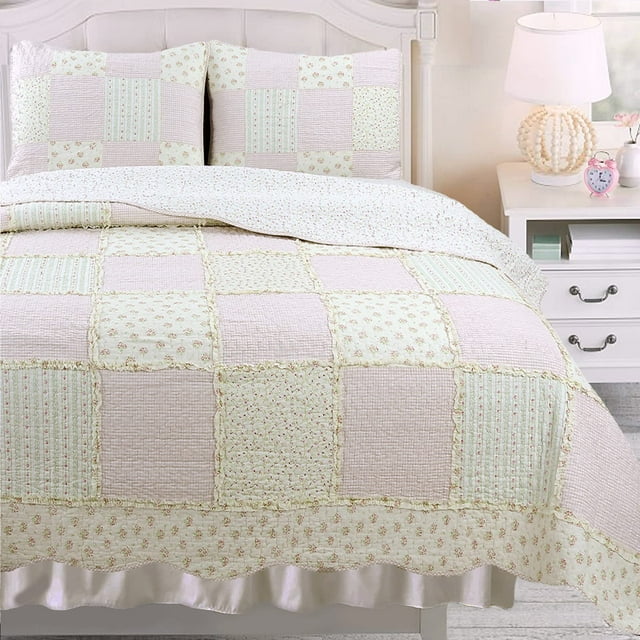 Cozy Line Home Fashions Floral Rose Pâle Véritable Patchwork 100 % Coton Ensemble de Literie Courtepointe pour Fille, Couvre-Lit Réversible (Pêche Douce, Grand Lit - 3 Pcs)