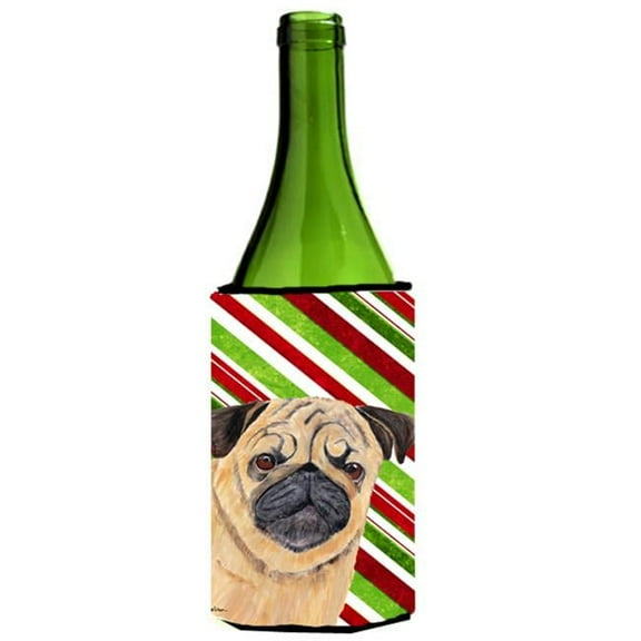 Pug Candy Cane Holiday Christmas Wine bottle sleeve Hugger - 24 oz.
