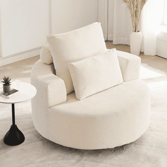 Fumahaus Upholstered Swivel Accent Chair, Oversized Comfy Round Sofa Chair with Two Pillows, Leisure Sofa Chair for Living Room Bedroom, Beige